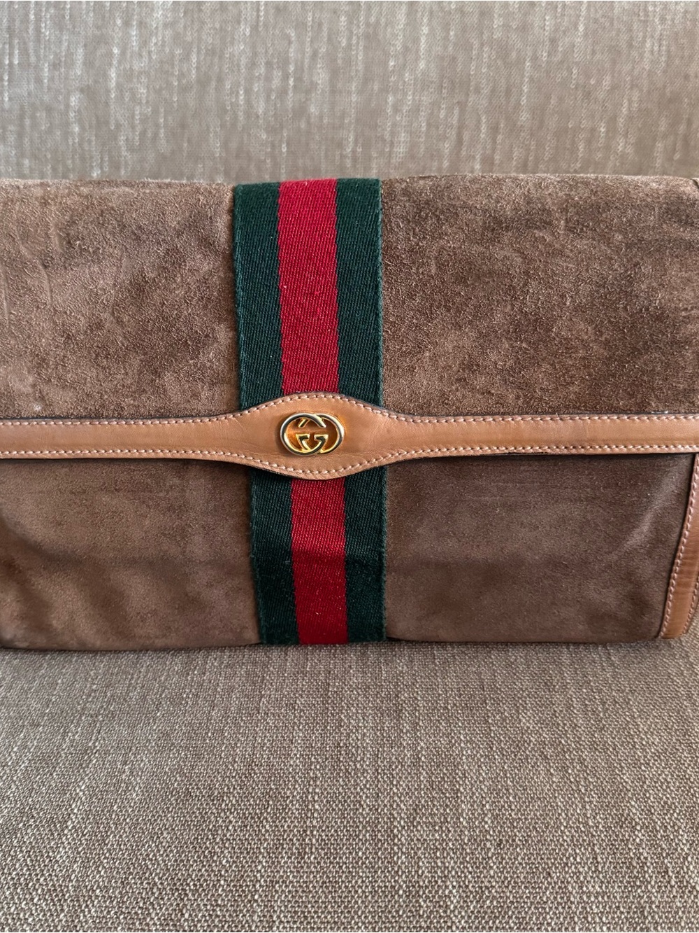 Gucci Brown Suede Messenger Bag with Green-Red Web and Tan Trim